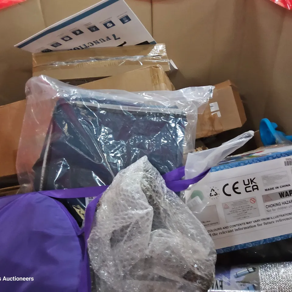 PALLET OF ASSORTED ITEMS TO INCLUDE, COOL BAG, BALOON ARCH KIT, MAP GAMES, EXCERCISE MATS, CAMPING MATS, PULL UP BAR, CONE WHALE BEACH TOYS, MONITOR FILTERS, CYCLE LUGGAGE CARRIER.