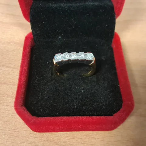 18CT GOLD FIVE STONE HALF ETERNITY RING RUB-OVER SET WITH NATURAL DIAMONDS