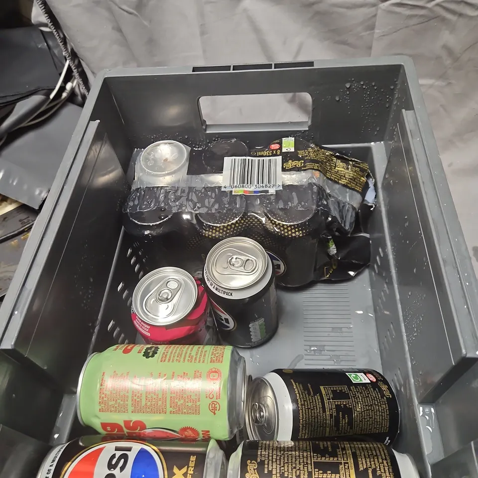 BOX OF APPROXIMATELY 15 ASSORTED CANS  INCLUDING PEPSI MAX AND OTHER BEVERAGES
