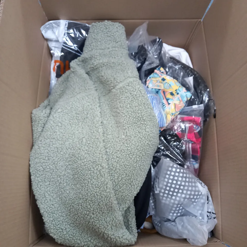 BOX OF ASSORTED CLOTHING ITEMS TOO INCLUDE JUMPERS, SHIRTS AND TROUSERS IN VARIOUS SIZES AND COLOURS   