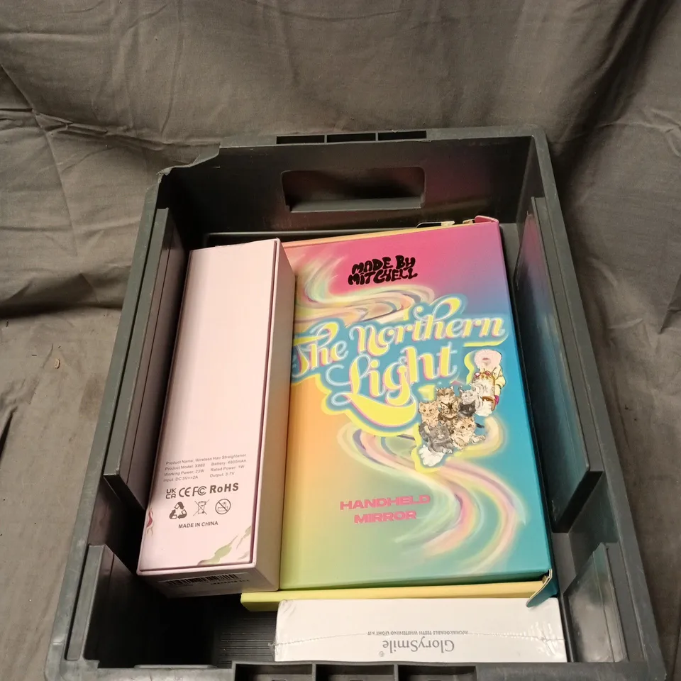 APPROXIMATELY 6 HEALTH AND BEAUTY ITEMS INCLUDING MADE BY MITCHELL HAND HELD MIRROR, CORDLESS HAIR STRAIGHTENER AND BAREN FOOT EXFOLIANT SOFTENER KIT