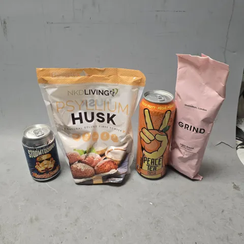 APPROXIMATELY 8 ASSORTED FOOD & DRINK ITEMS TO INCLUDE - PEACE TEA PEACH , GRIND LIGHT BLEND ETC