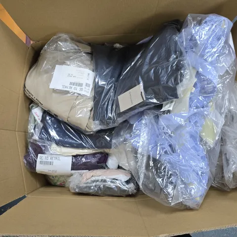 BOX OF APPROXIMATELY 20 ASSORTED CLOTHING ITEMS OF VARIOUS STYLES AND COLOURS 