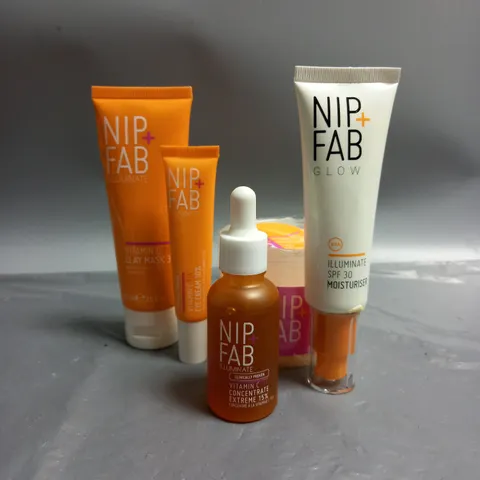 BOXED LOT OF 5 ASSORTED NIP AND FAB HEALTH AND BEAUTY ITEMS TO INCLUDE ILLUMINATE VITAMIN C CONCENTRATE (30ML), VITAMIN C EYE CREAM (15ML), VITAMIN C CLAY MASK (75ML), ETC.