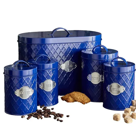 BOXED NEO COPPER EMBOSSED 5 PIECE KITCHEN CANNISTER SET - NAVY BLUE (1 BOX)