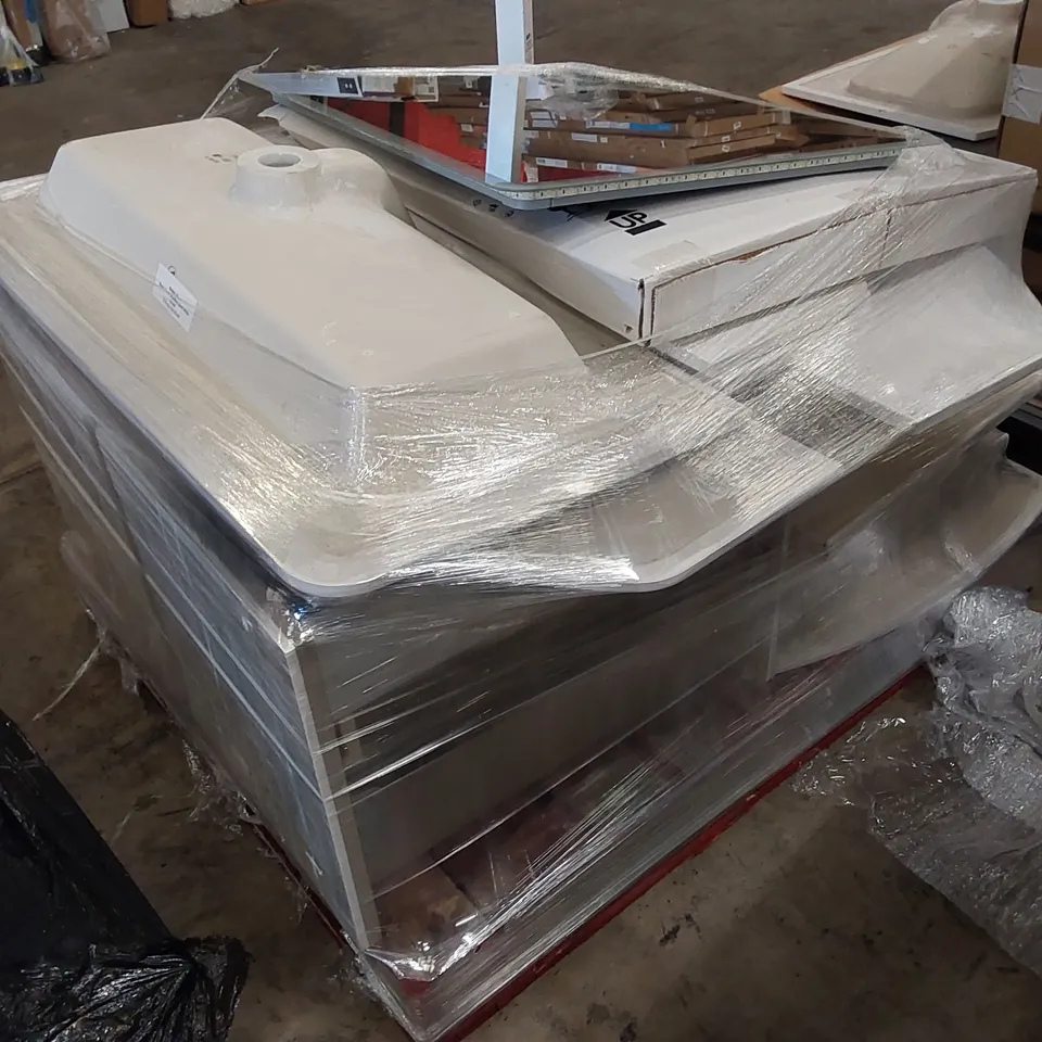PALLET OF ASSORTED BATHROOM PRODUCTS. INCLUDING MIRROR, VANITY BASINS, BATHROOM FURNITURE ETC