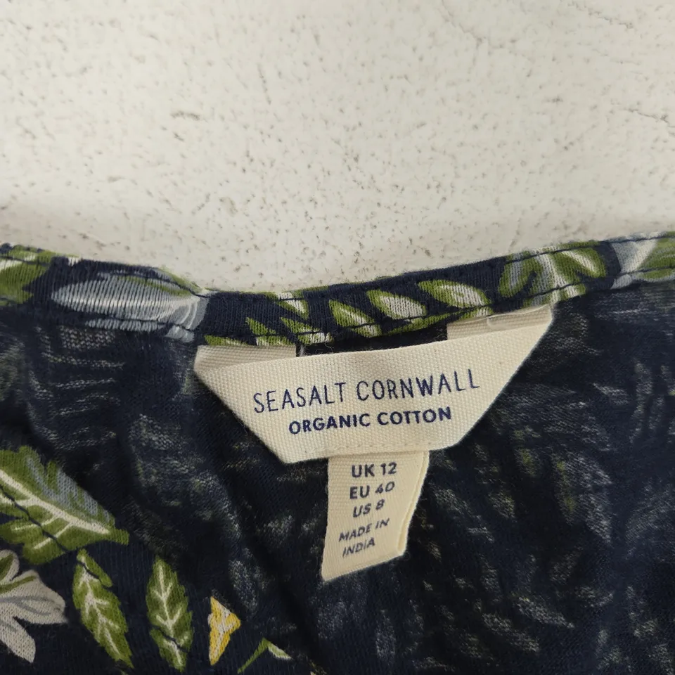 UK 12 SEASALT CORNWALL WOMEN’S ORGANIC COTTON DRESS – NAVY LEAF PRINT