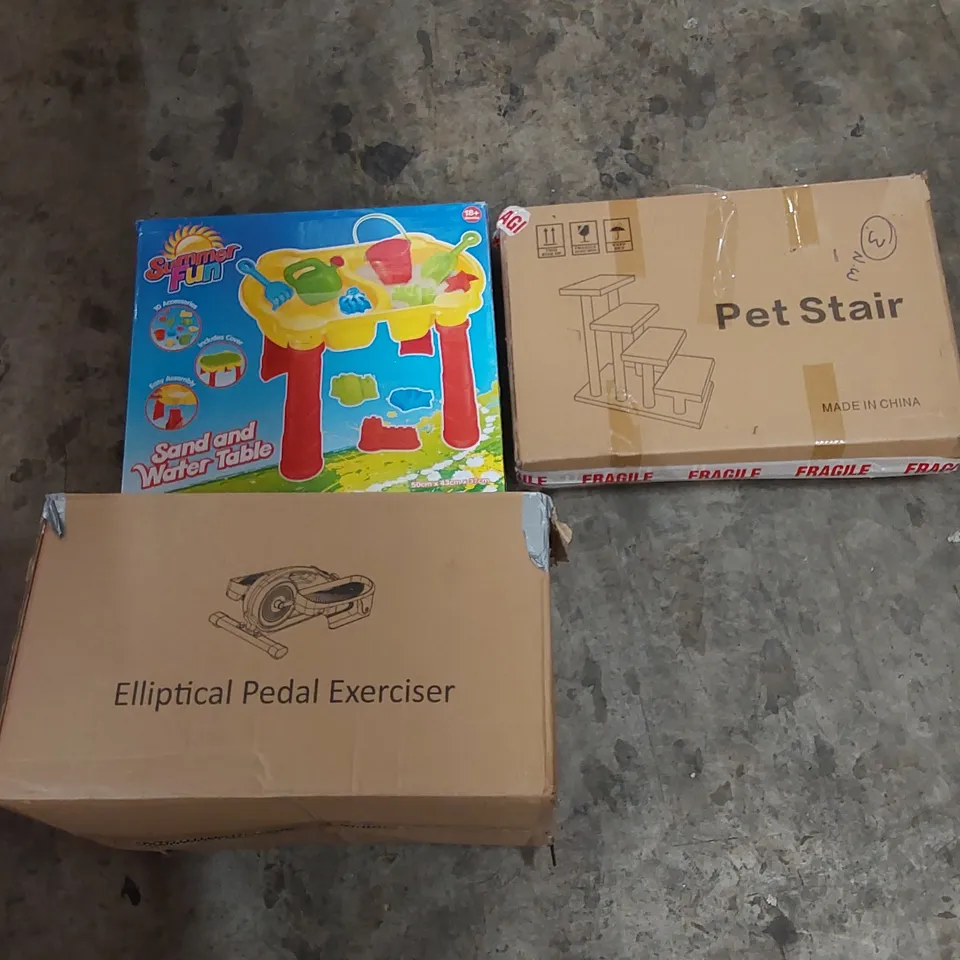 PALLET OF ASSORTED HOUSEHOLD ITEMS AND CONSUMER PRODUCTS. INCLUDING; PET STAIRS, SAND AND WATER TABLE, ELLIPTICAL PEDAL EXERCISER, OFFICE CHAIR ETC. 
