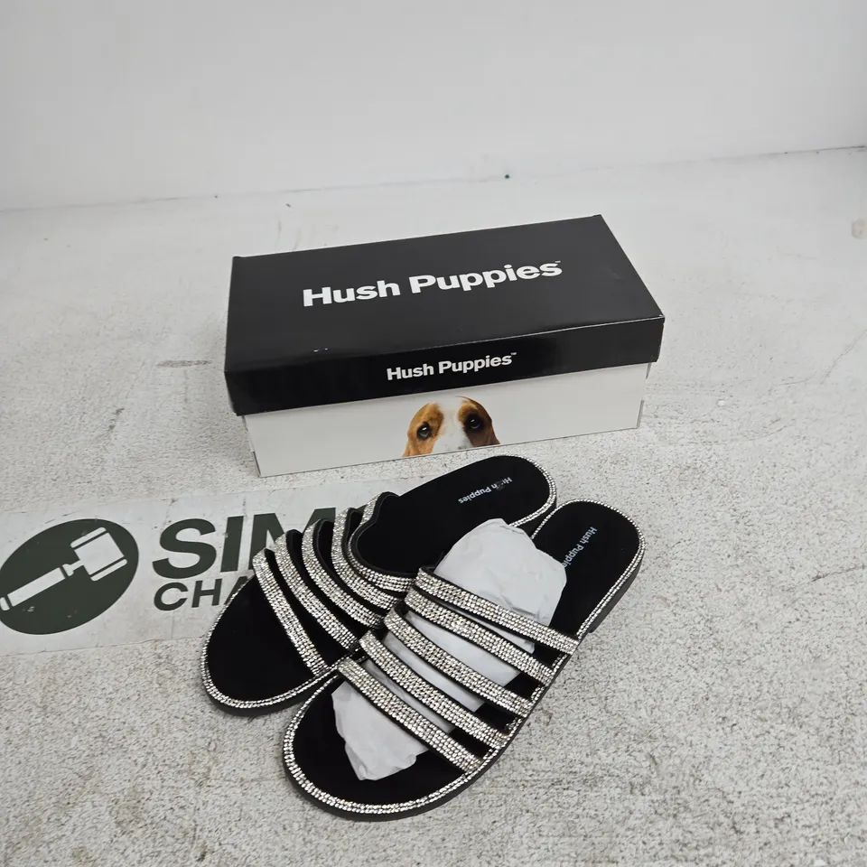 UK 6 HUSH PUPPIES PARIS SLIDE WOMEN'S SANDALS – BLACK & SILVER STRAPS