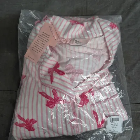 BAGGED BOW AVENUE WOMEN’S MODAL PYJAMA SET – PINK & WHITE STRIPES WITH BOW MOTIFS, UK 12