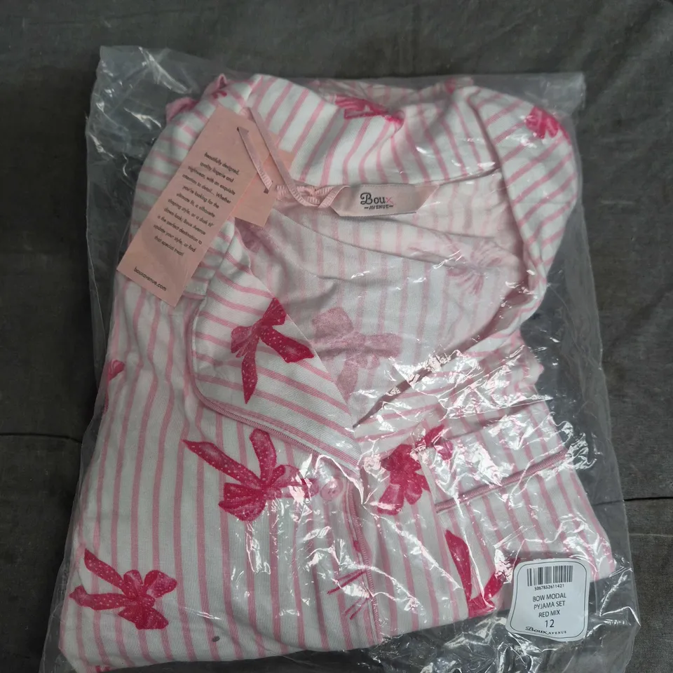 BAGGED BOW AVENUE WOMEN’S MODAL PYJAMA SET – PINK & WHITE STRIPES WITH BOW MOTIFS, UK 12