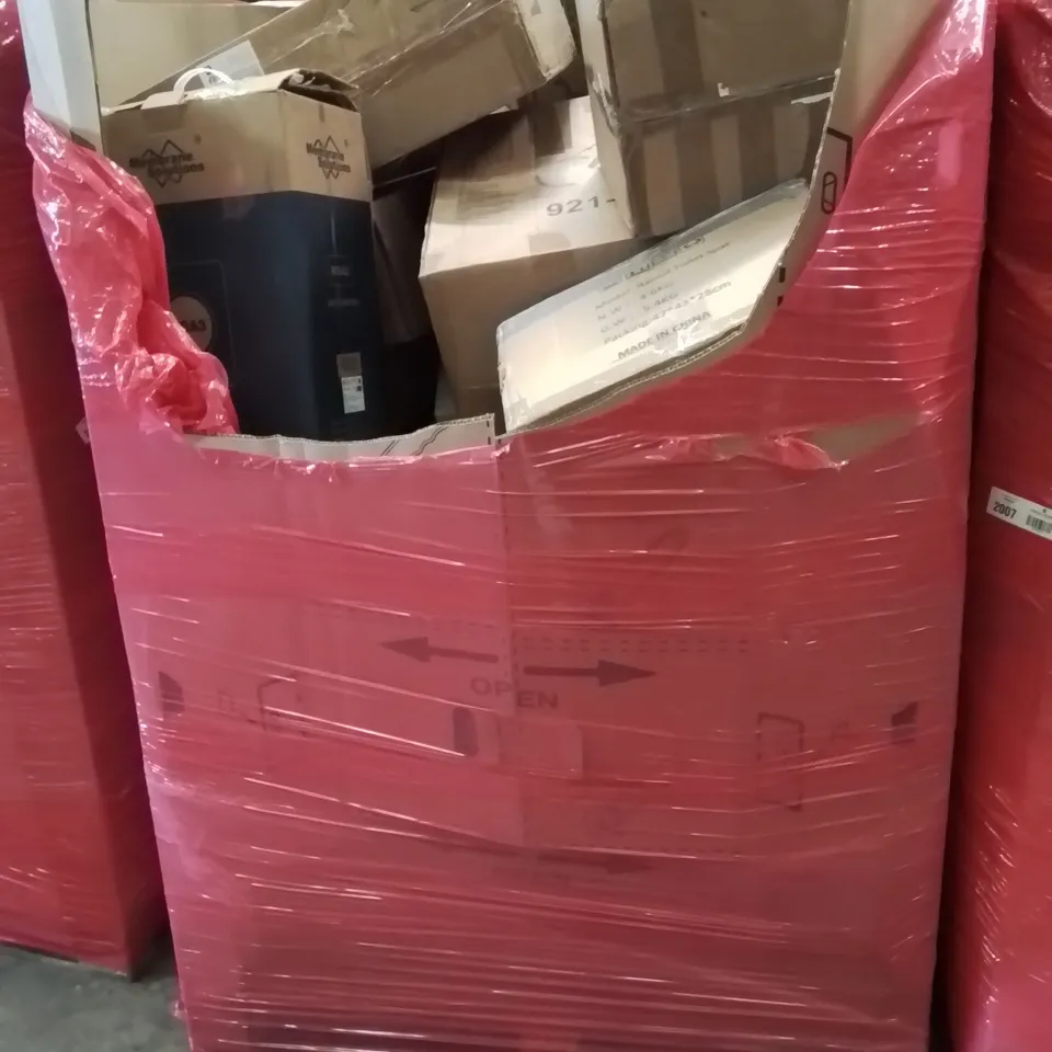 PALLET CONTAINING VARIOUS ASSORTED BOXED HOUSEHOLD ITEMS TO INCLUDE: ARMREST CHAIR, CEILING FAN, AIR PURIFIER, UNDER SINK WATER FILTRATION SYSTEM HEATED BLANKET AND LOTS MORE UNMARKED BOXED ITEMS 