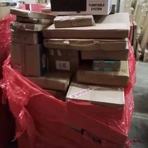 PALLET CONTAINING VARIOUS ASSORTED BOXED HOUSEHOLD ITEMS TO INCLUDE: HI-FI TURNTABLE SYSTEM, TV WALL BRACKETS, PRESSURE WASHER AND LOTS MORE UNMARKED BOXED ITEMS