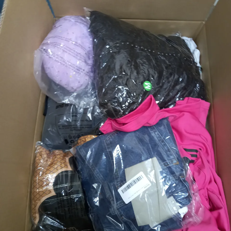 BOX OF ASSORTED CLOTHING ITEMS TOO INCLUDE JUMPERS, SHIRTS AND TROUSERS IN VARIOUS SIZES AND COLOURS   