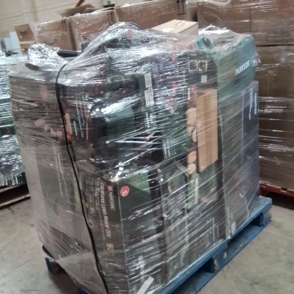 PALLET CONTAINING A LARGE QUANTITY OF POWER TOOLS ITEMS TO INCLUDE;PARKSIDE ROBOT LAWN MOWER,PARKSIDE ANGLE GRINDER,ELECTRIC LAWNMOWER,CORDLESS CHAINSAW