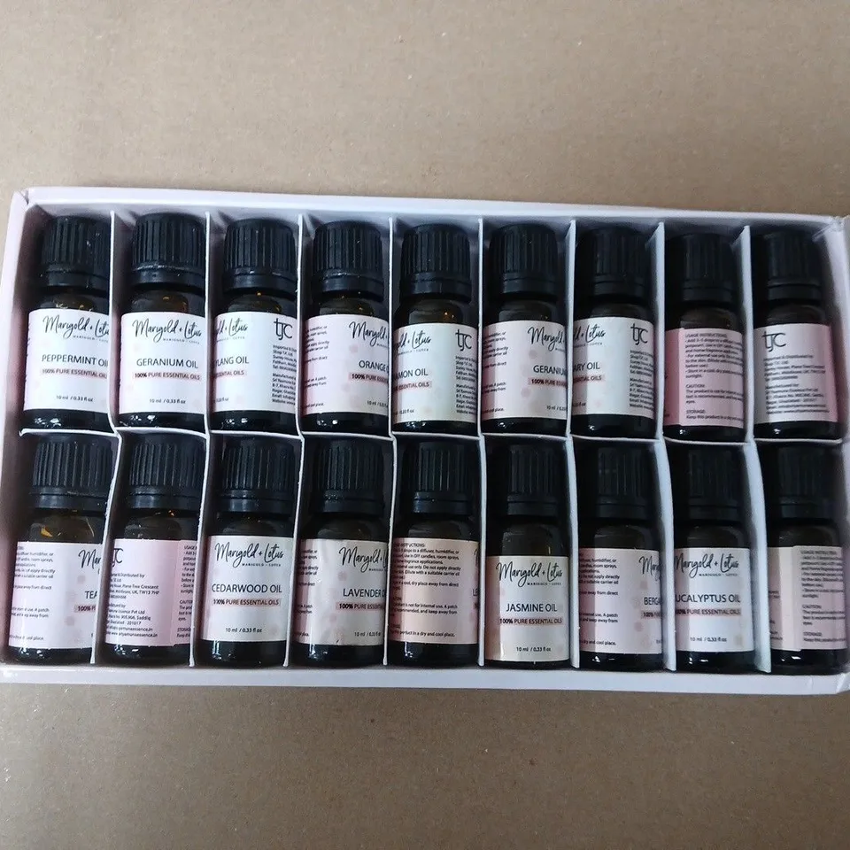 MARIGOLD + LOTUS AROMA ESSENTIAL OILS SET – 18 X 10ML BOTTLES