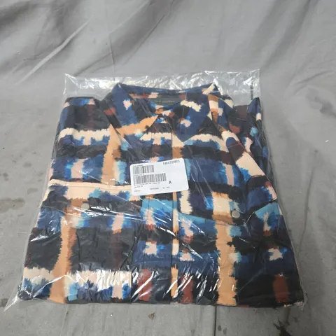 RUTH LANGSFORD UTITLITY SHIRT DRESS ABSTRACT PRINT BLOUSE - BLUE, BEIGE & NAVY. UK SIZE 14