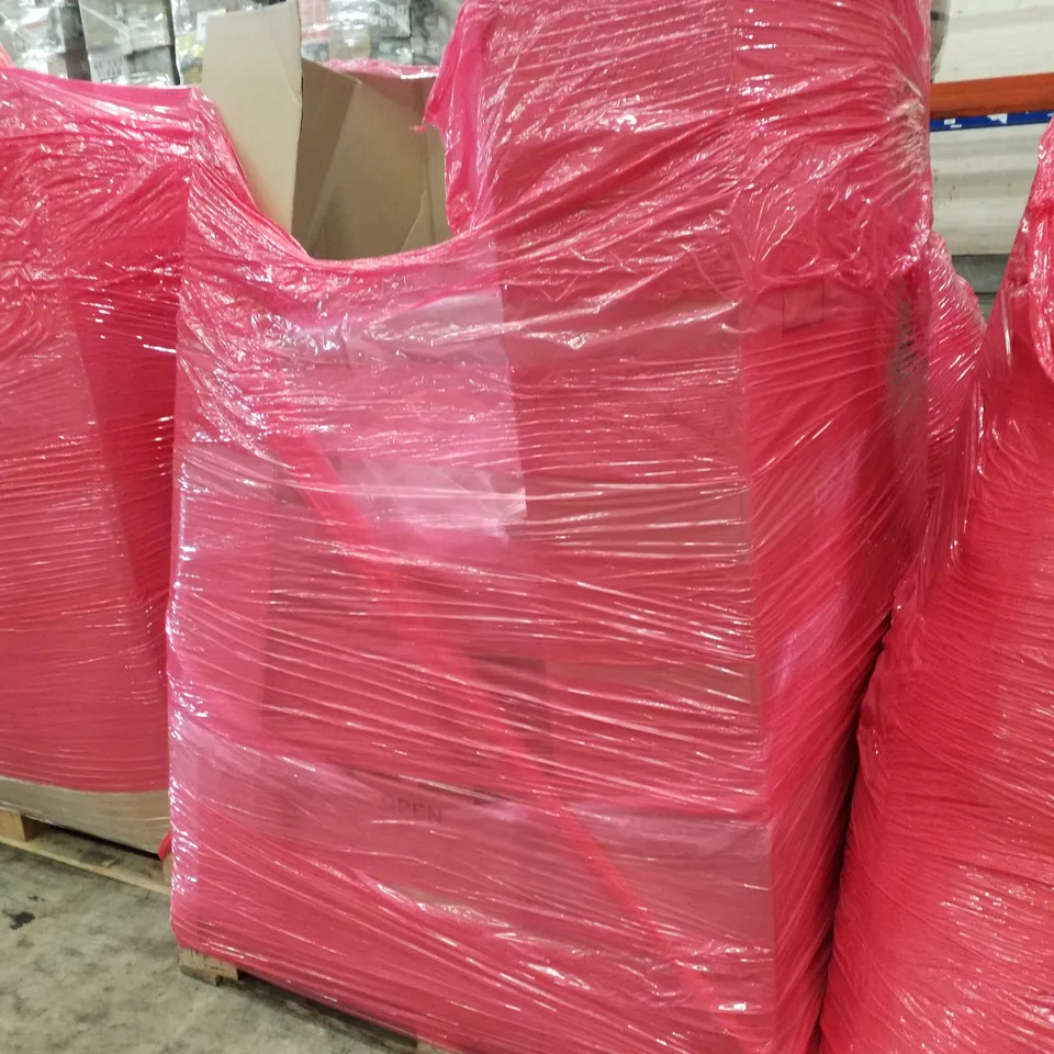 PALLET OF ASSORTED PRODUCTS INCLUDING TOILET SEAT, UTILITY CART, ELECTRIC FRYER, CLEAR UMBRELLA, CAMPING CHAIR