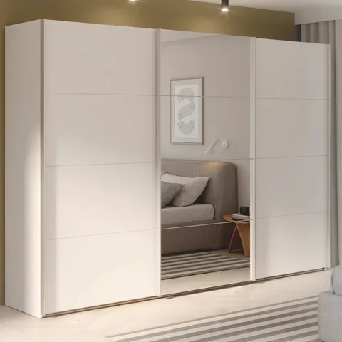 BOXED MODERN WARDROBE WITH 3 SLIDING DOORS AND BIG MIRROR, ENGINEERED WOOD, WHITE, 299.8CM W X 210.5CM H X 62.9CM D (8 BOXES)