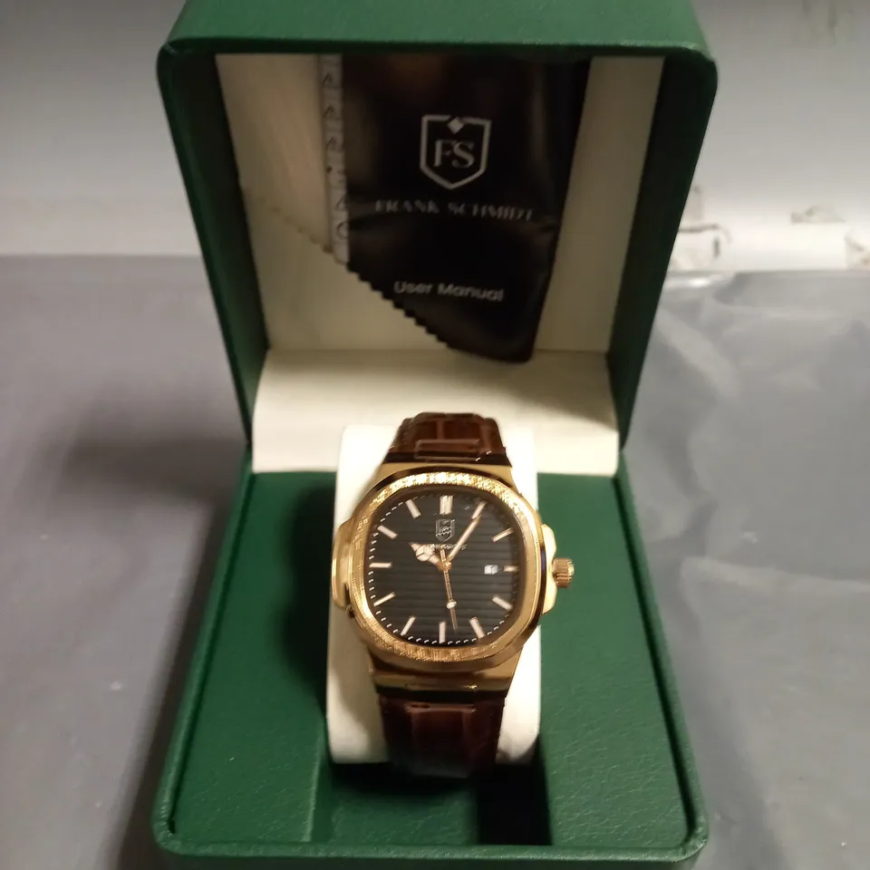 FRANK SCHMIDT MENS TEXTURED DIAL DATED WATCH WITH LEATHER STRAP IN BROWN
