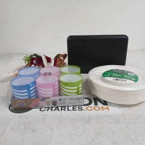 BOX OF APPROXIMATELY 20 ASSORTED ITEMS TO INCLUDE ROUTER, PAPER PLATES, HORSE FIGURE, SET OF PLASTIC MUGS ETC