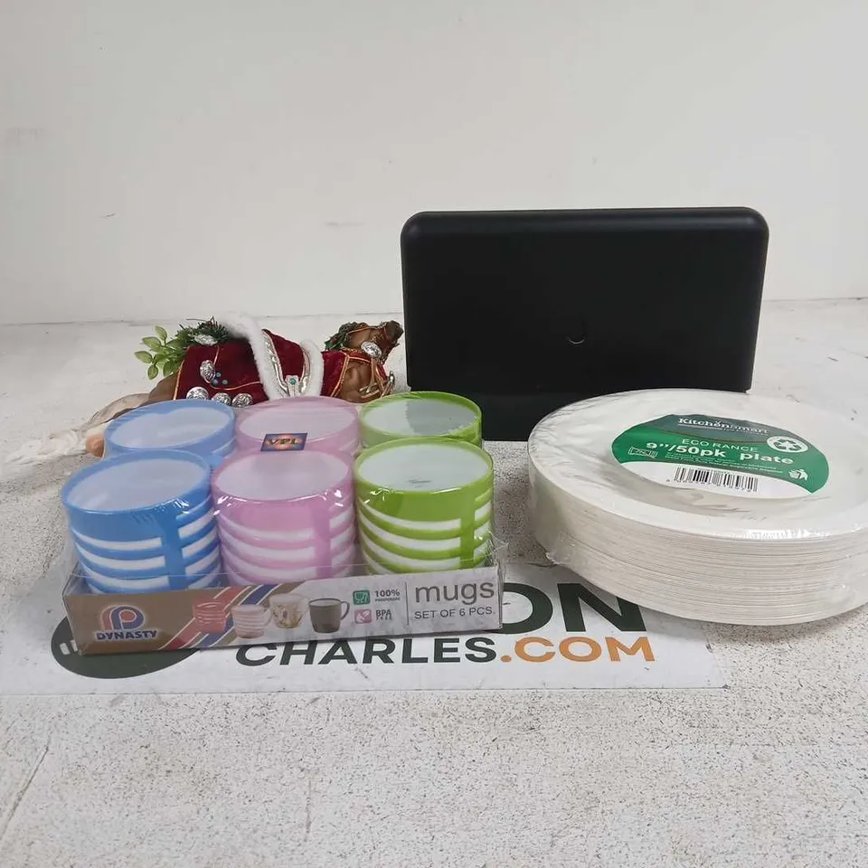 BOX OF APPROXIMATELY 20 ASSORTED ITEMS TO INCLUDE ROUTER, PAPER PLATES, HORSE FIGURE, SET OF PLASTIC MUGS ETC