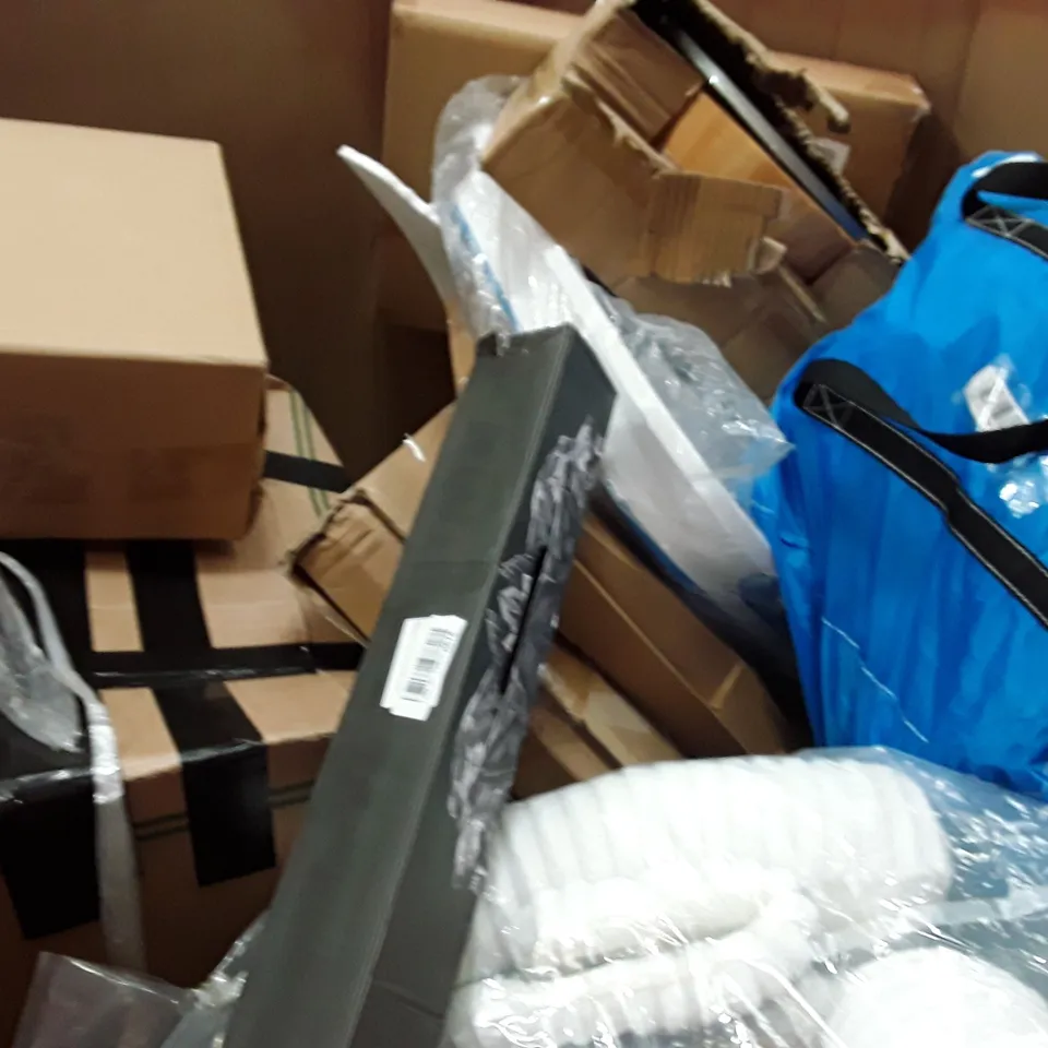 PALLET TO CONTAIN AN ASSORTMENT OF HOUSEHOLD ITEMS TO INCLUDE TV STAND, COOKER HOOD, WEIGHTED HULA HOOPS AND SCREEN PROTECTORS ECT