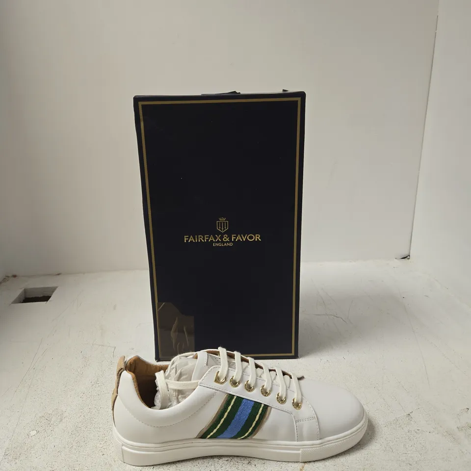 FAIRFAX & FAVOR BOSTON TRAINER – WHITE LEATHER WITH CLOVER GREEN/SKY BLUE, UK 6