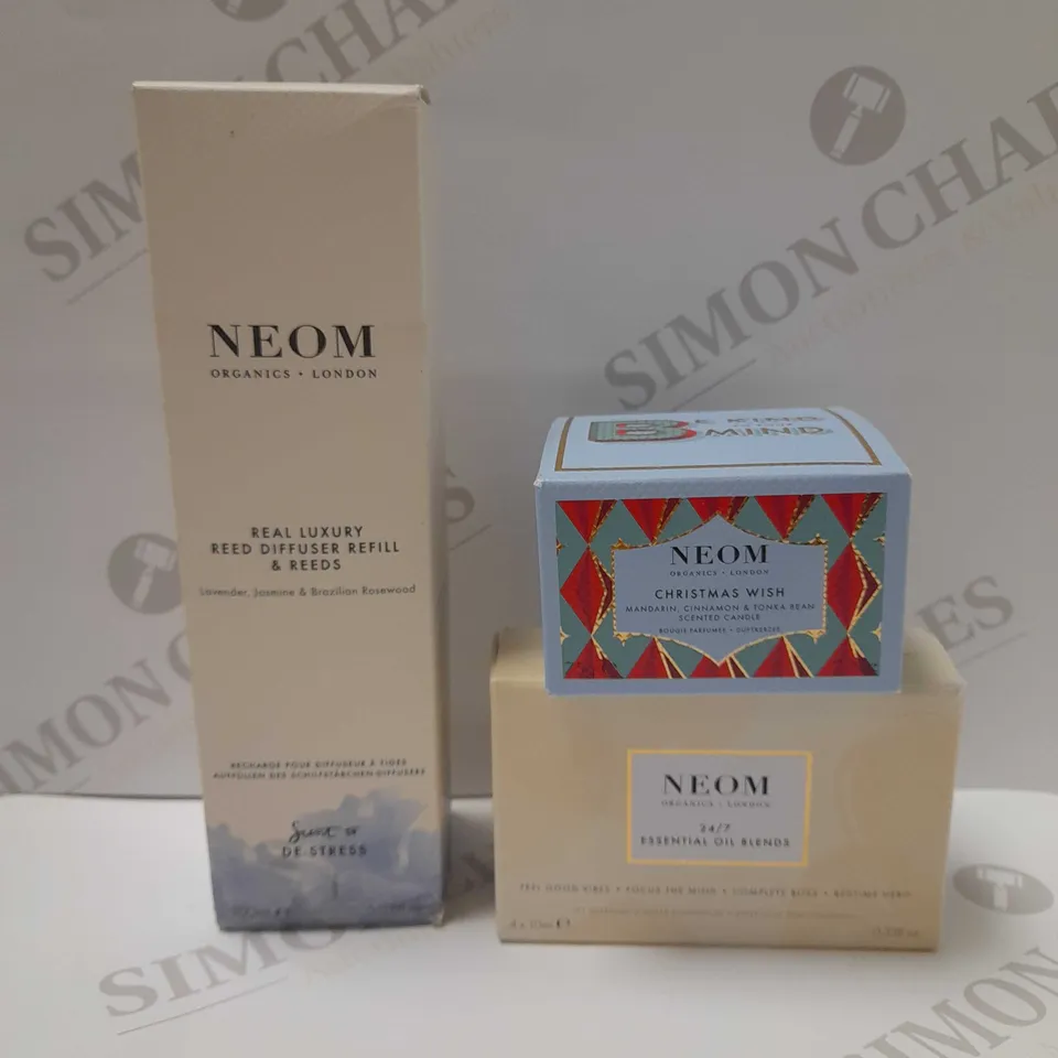 LOT OF 3 NEOM PRODUCTS TO INCLUDE REAL LUXURY REED DIFFUSER, CHRISTMAS WISH SCENTED CANDLE, 24/7 ESSENTIAL OIL BLENDS 