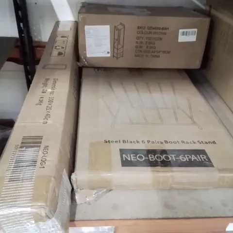 THREE ASSORTED PRODUCTS TO INCLUDE; STEEL BLACK 6 PAIRS BOOT RACK STAND, COAT RACK STAND