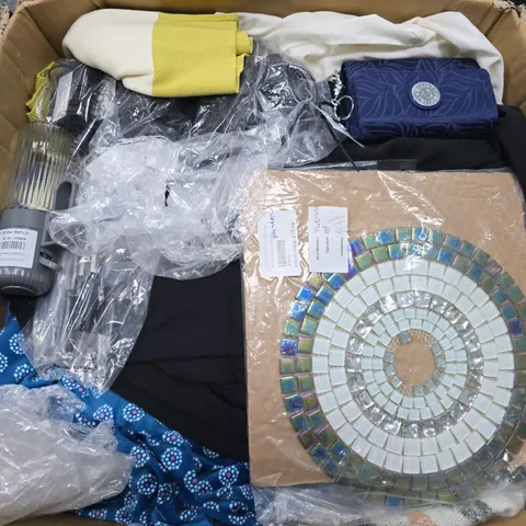 BOX OF APPROXIMATELY 15 ASSORTED ITEMS TO INCLUDE - WALLETS , CLOTHING , ETC