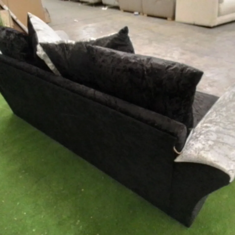 DESIGNER ZULU SILVER AND BLACK CRUSHED VELVET THREE SEATER SOFA