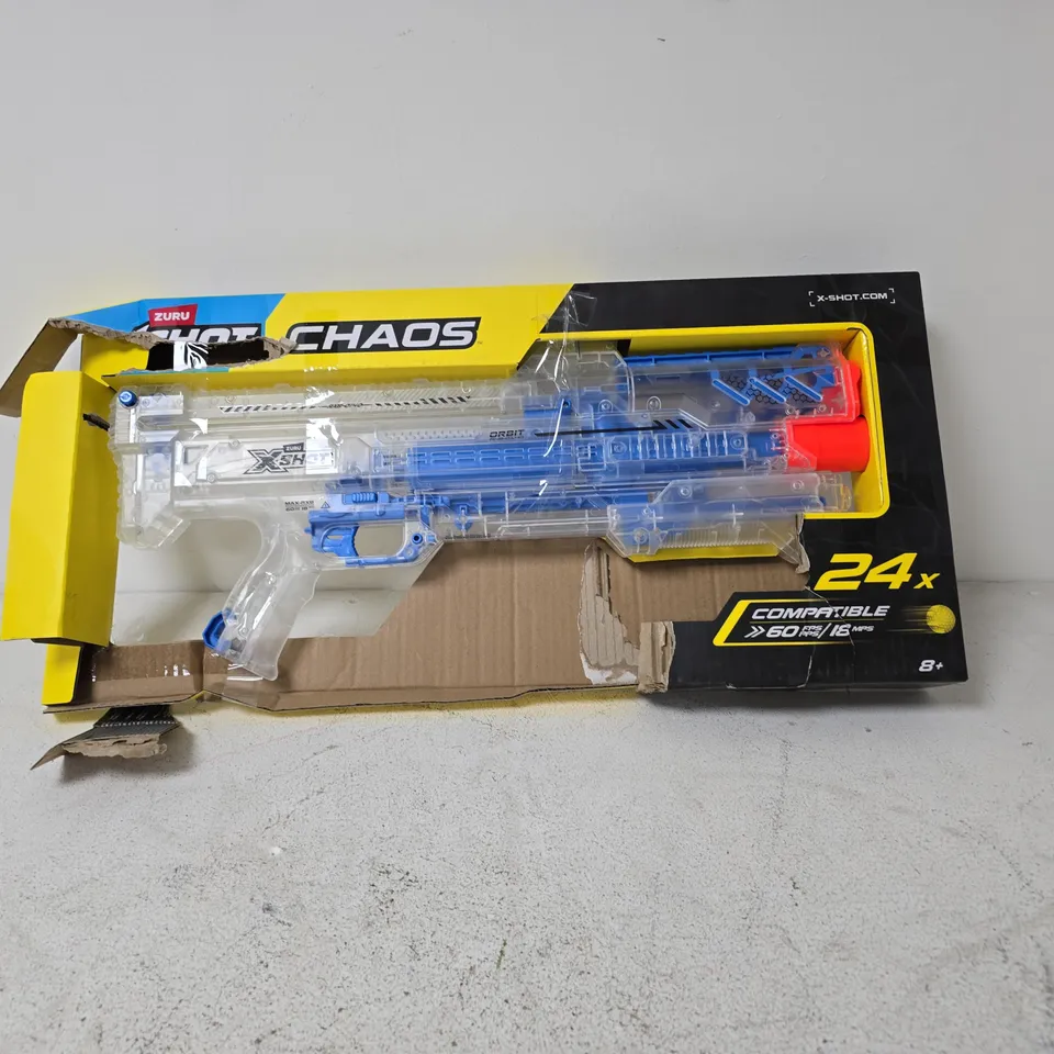 X-SHOT CHAOS BLASTER TOY GUN – TRANSPARENT BLUE WITH ORANGE MUZZLE, 24-DART CAPACITY