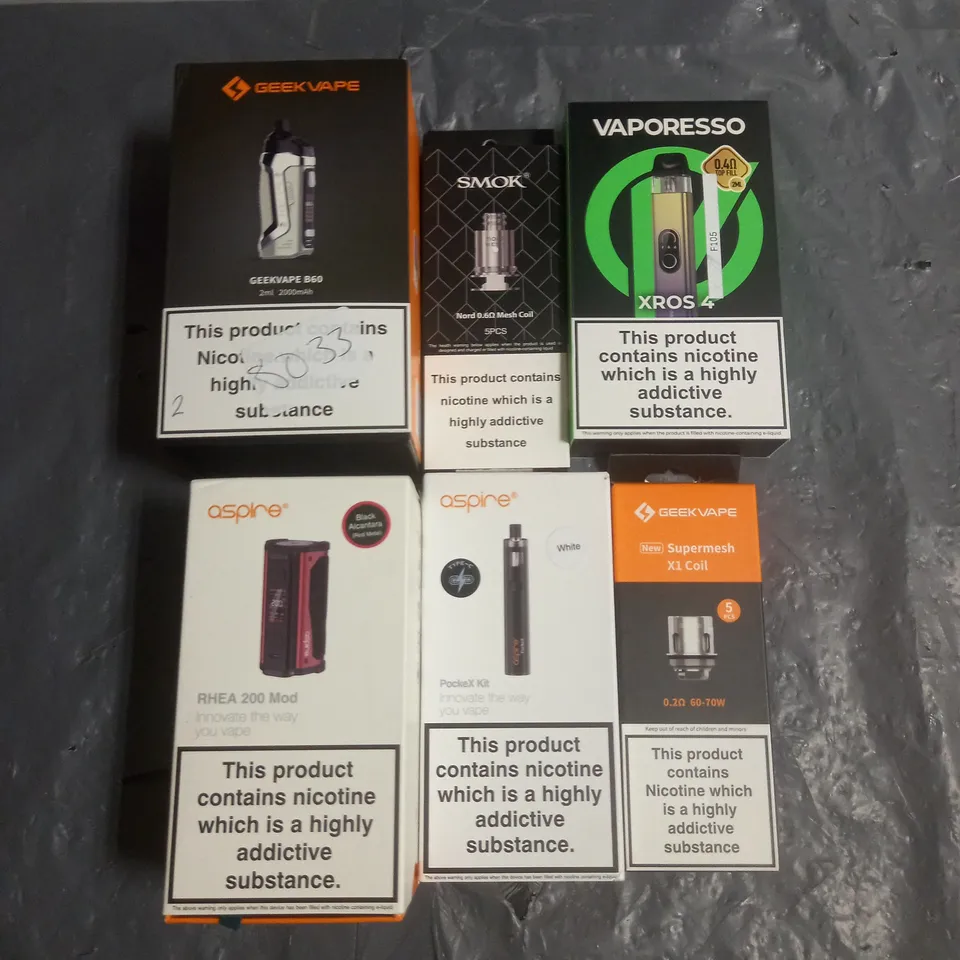 APPROXIMATELY 20 VAPES & E-CIGARETTES TO INCLUDE - VAPORESSO XROS 4 - ASPIRE POCKEX KIT - GEEKVAPE B60 - ETC