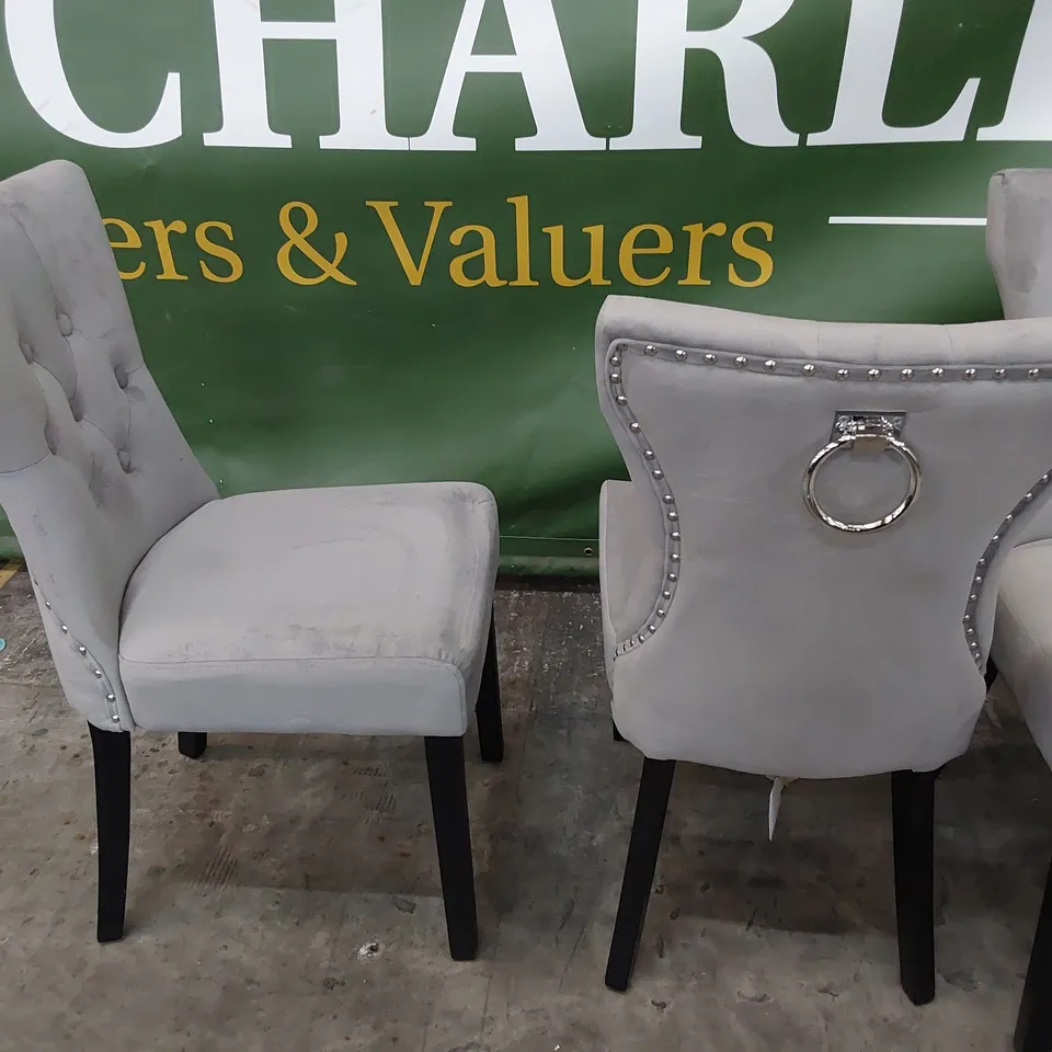 SET OF FOUR UPHOLSTERED BUTTONED RING BACK DINING CHAIRS GREY PLUSH FABRIC ON BLACK LEGS
