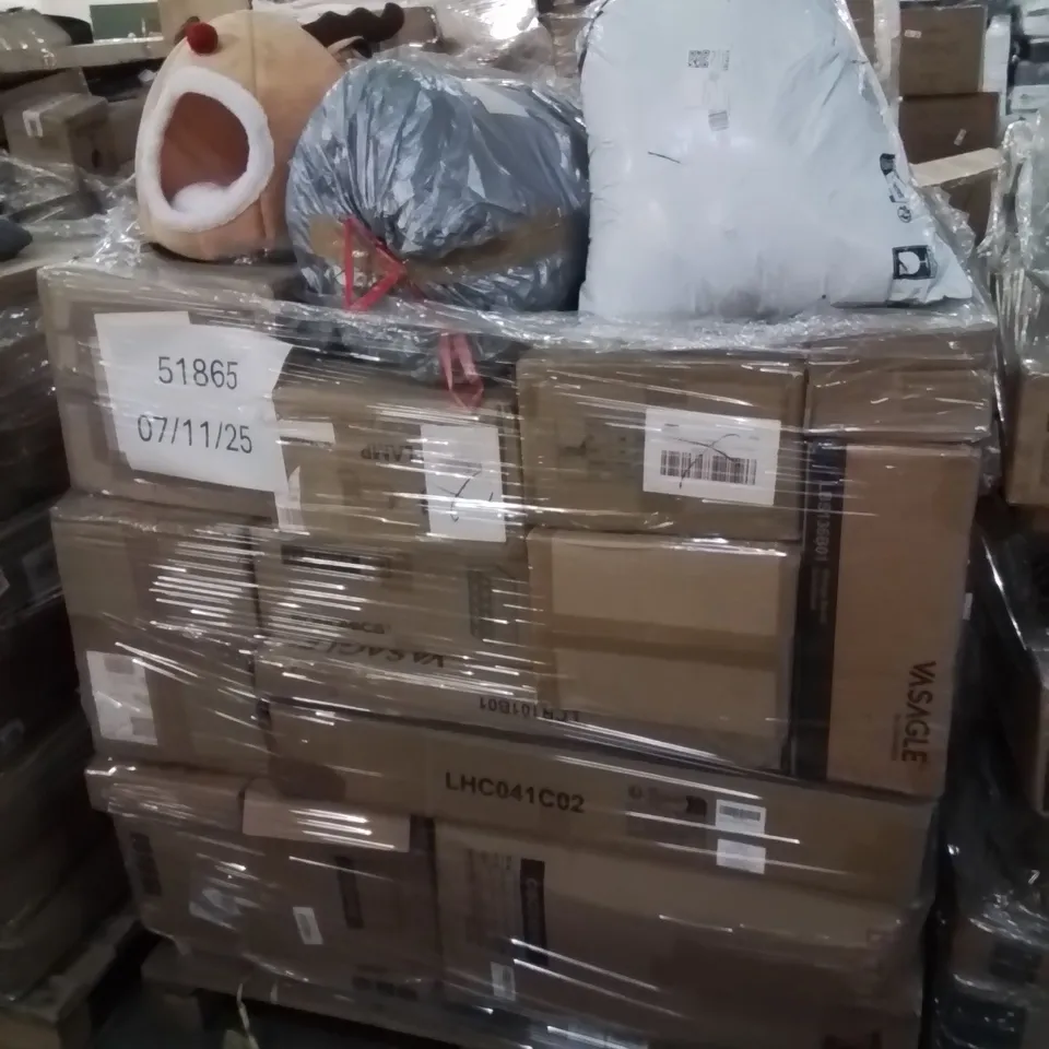 PALLET CONTAINING VARIOUS ASSORTED BOXED ITEMS TO INCLUDE: CEILING LAMP, PEDAL BIN, CAT BED, STORAGE BENCH BOXED FURNITURE ECT.