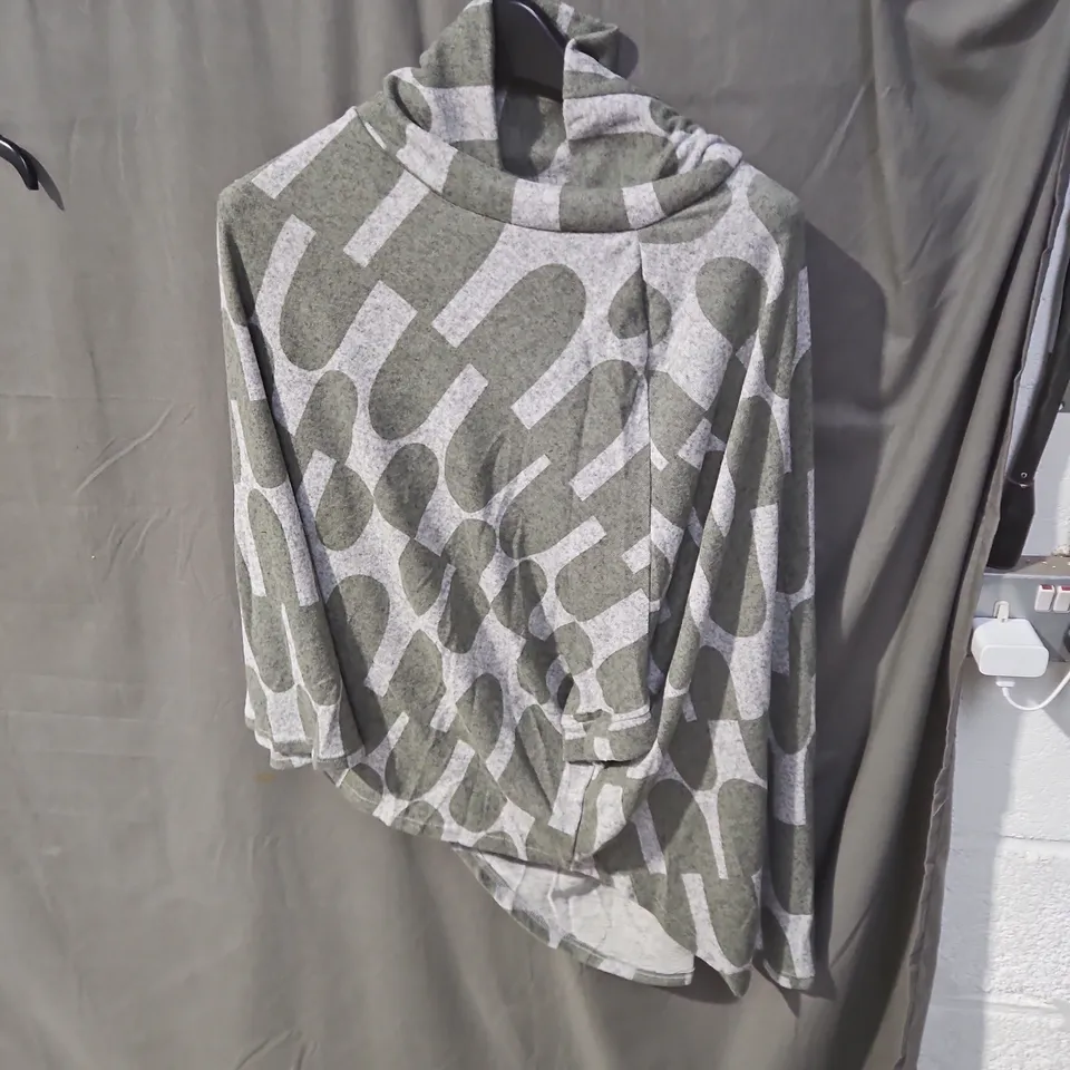 IZABEL LONDON GEO PRINT ROLL-NECK FLARE SLEEVE TUNIC – UK SIZE 10, MULTI GREEN