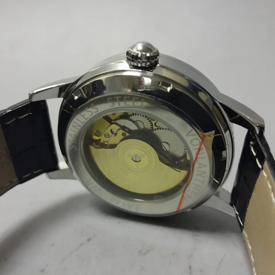 MENS VONLANTHEN AUTOMATIC WATCH – SILVER AND BLUE TEXTURED DIAL - GLASS EXHIBITION BACKCASE – BLACK LEATHER STRAP