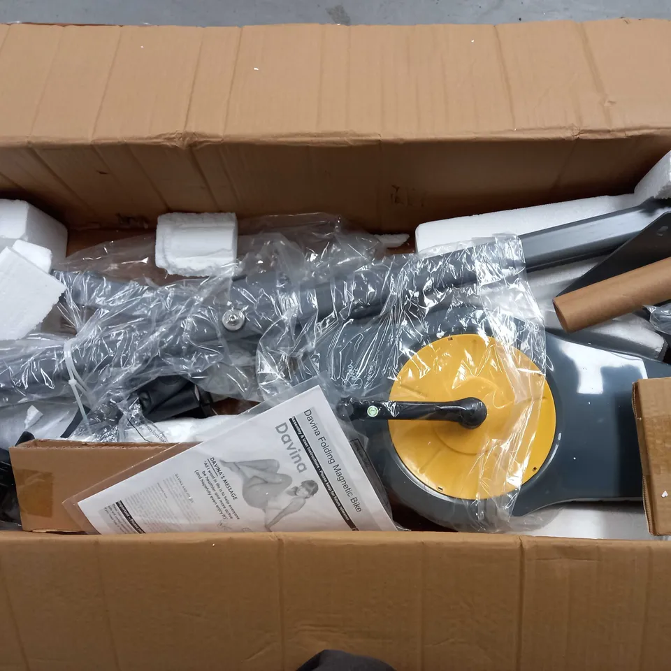 BOXED DAVINA FITNESS FOLDING MAGNETIC EXERCISE BIKE, YELLOW - COLLECTION ONLY