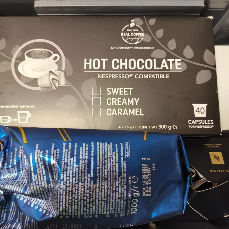 APPROXIMATELY 7 ASSORTED FOOD ITEMS TO INCLUDE NESCAFE DOLCE GUSTO CAPSULES, HOBNOBS, REAL COFFEE HOT CHOCOLATE, ETC