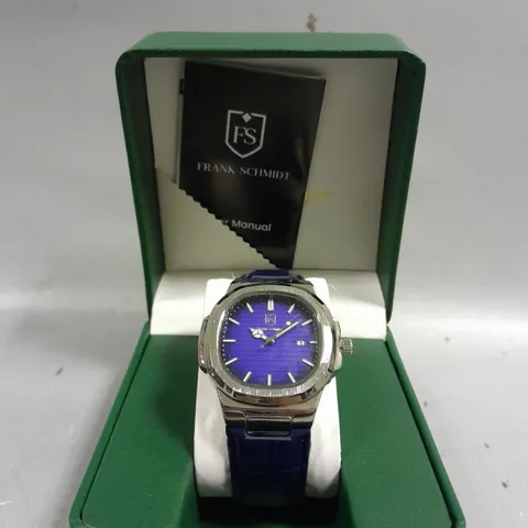 BOXED FRANK SCHMIDT WATCH 3ATM WATER RESISTANT BLUE DIAL WATCH WITH NAVY STRAP