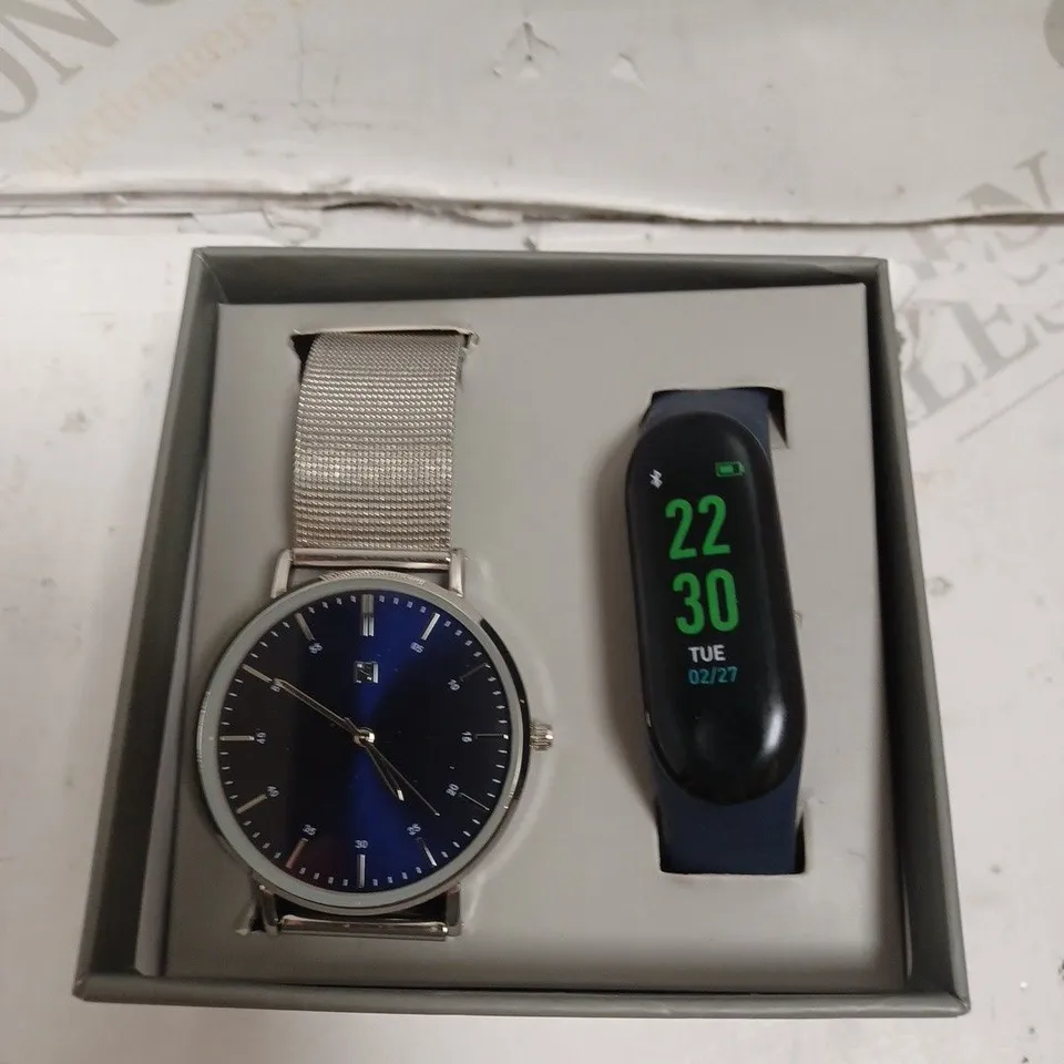 BOXED SPIRIT 24SEVEN WATCH SET - STAINLESS STEEL - BLUE SUNRAY DIAL - SILICONE ACTIVITY TRACKER - TOUCH SCREEN. 