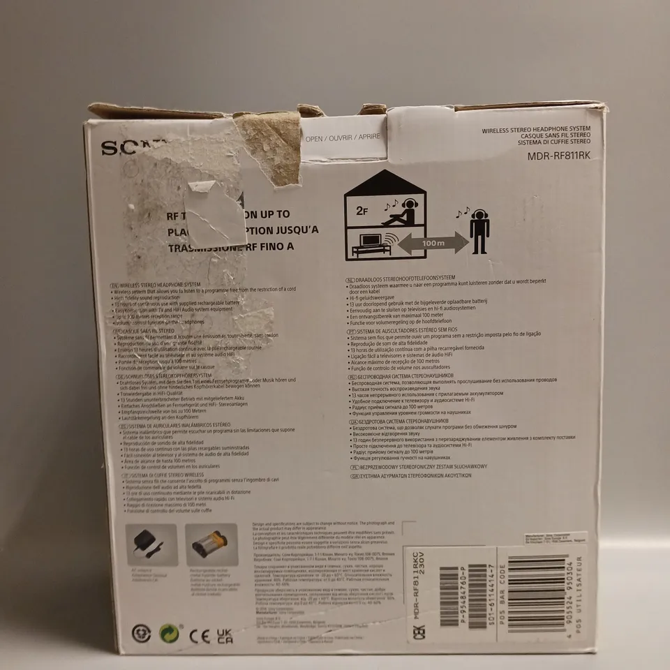 BOXED SONY WIRELESS STEREO HEADPHONE SYSTEM IN BLACK ADJUSTABLE HEADBAND