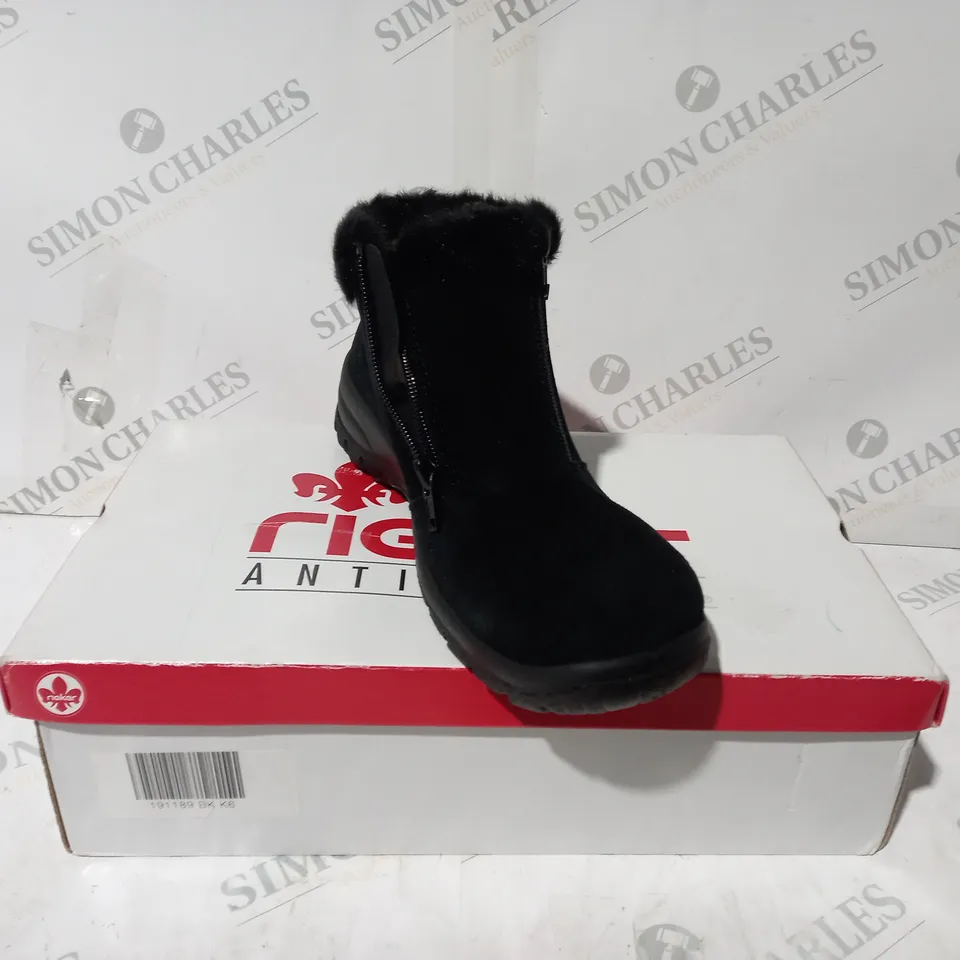 BOXED PAIR OF RIEKER FLUFFY CUFF ANKLE BOOTS IN BLACK UK SIZE 6