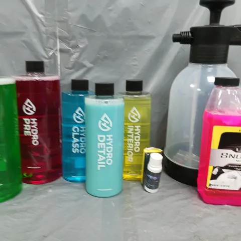 APROXIMATELY 10 CAR CLEANING PRODUCTS TO INCLUDE; SNOW FOAM, HYDRO DETAIL AND LARGE PRESSURE BOTTLE