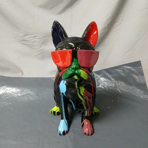 CERAMIC BULLDOG SCULPTURE WITH MULTICOLOURED DRIPS AND SUNGLASSES BOXED