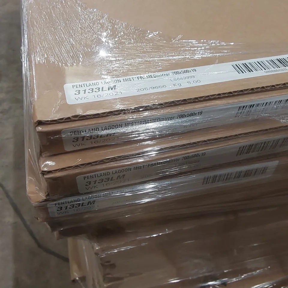 PALLET CONTAINING A LARGE QUANTITY OF ASSORTED BATHROOM FURNITURE PARTS INCLUDING: BASE UNIT, PENTLAND LAGOON MIST FRAMED MIRRORS ECT