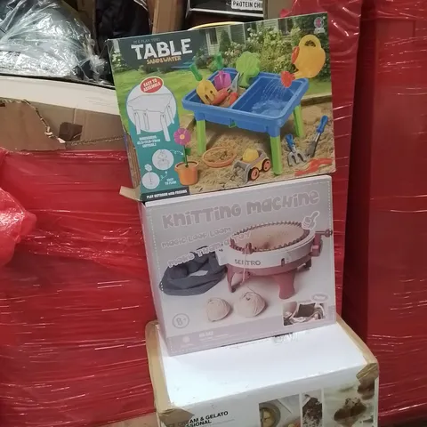 PALLET CONTAINING VARIOUS ASSORTED BOXED HOUSEHOLD ITEMS TO INCLUDE: PROFESSIONAL ICE CREAM MAKER, CEILING FAN LIGHT,KNITTING MACHINE AND LOTS MORE UNMARKED BOXED ITEMS