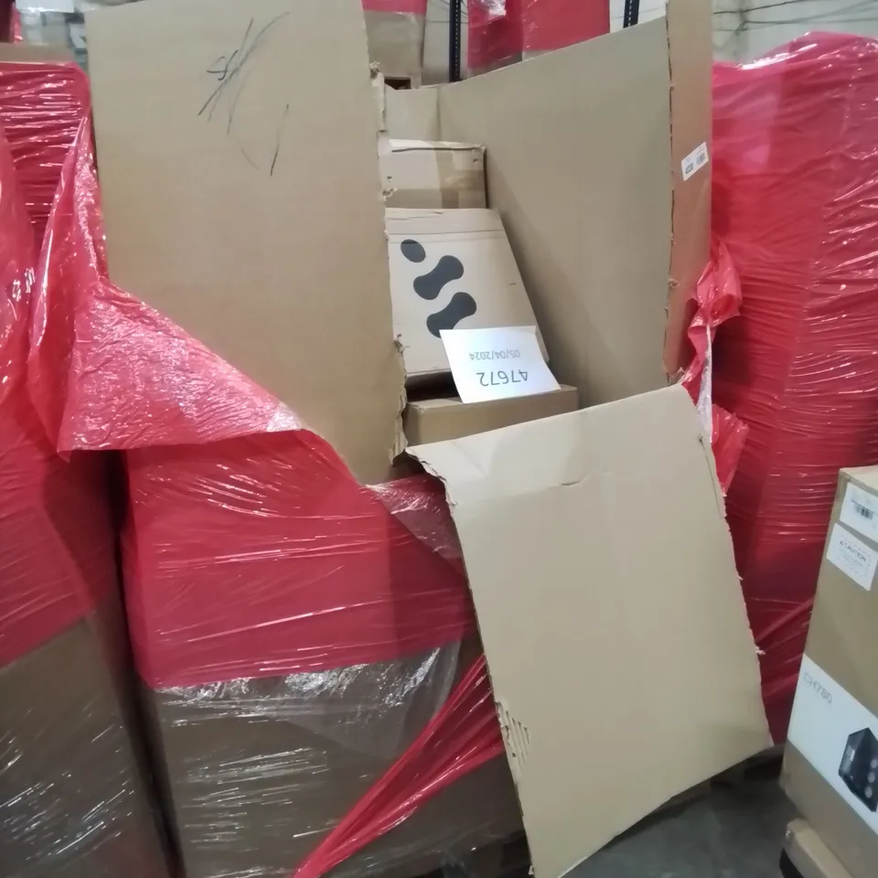 PALLET OF ASSORTED HOUSEHOLD GOODS AND PRODUCTS TO INCLUDE; DUMBELL BENCH, GAMING COMPUTER CASE, AIR FRYER, BEDSIDE TABLE, CASH DRAWER ETC