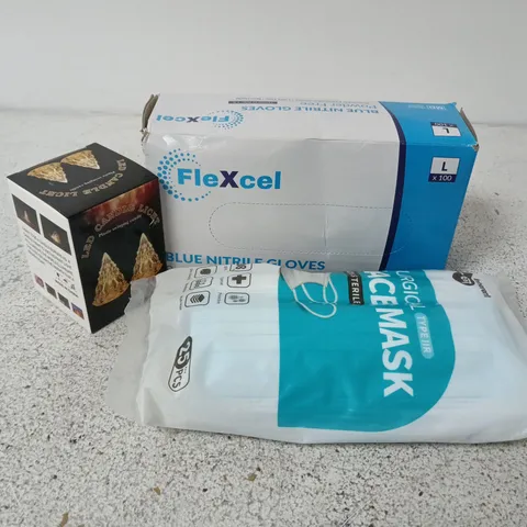 APPROXIMATELY 12 ASSORTED HOUSEHOLD ITEMS TO INCLUDE BLUE NITRILE GLOVES, FACE MASKS, LED CANDLE LIGHT, ETC